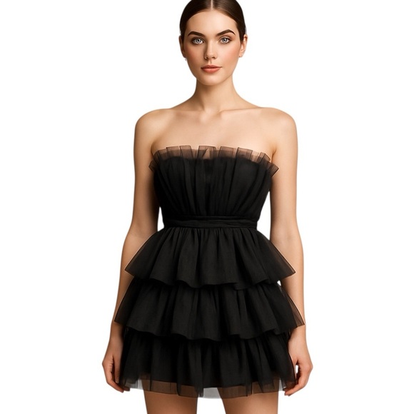 Entro Black Strapless Tiered Ruffle Tulle Flirty Party Mini Dress Size Small - Picture 11 of 11